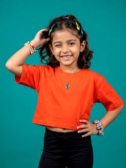KiddoPanti - Girls Orange Half Sleeves Solid T-Shirt