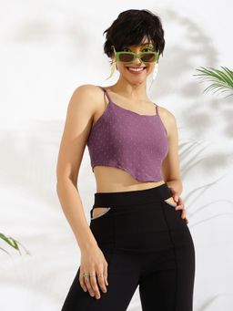 KASSUALLY - Purple Self Design Smocking Fitted Crop Top