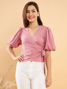 KASSUALLY - Pink Puff Sleeves Wrap Top