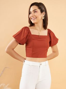 KASSUALLY - Rust Square Neck Puff Sleeves Fitted Crop Top