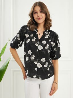 KASSUALLY - Black Floral Printed Mandarin Collar Puff Sleeves Gathered Shirt Style Top