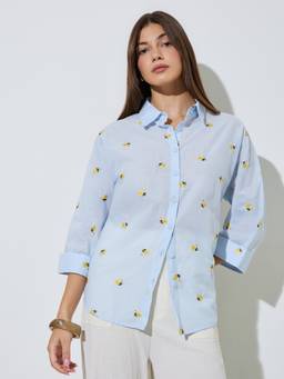 Styli - Womens Cotton Embroidered Blue Shirt