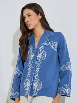 Styli - Womens Cotton Embroidered Blue Shirt