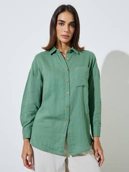 Styli - Womens Cotton Solid Green Shirt