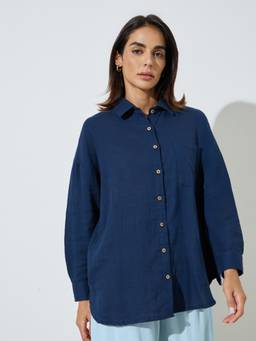 Styli - Womens Cotton Solid Navy Blue Shirt