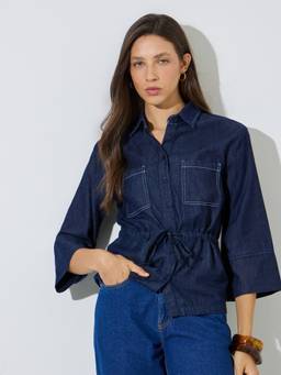 Styli - Womens Cotton Solid Blue Shirt