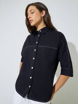 Styli - Womens Cotton Solid Black Shirt