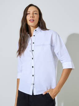 Styli - Womens Cotton Solid Off White Shirt