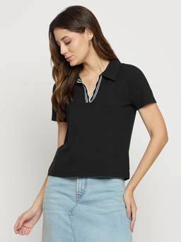Madame - Womens Polyester Solid Black Polo T-Shirt