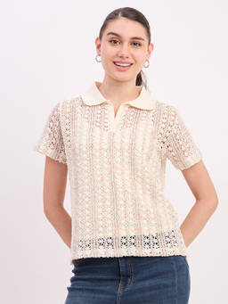 Madame - Womens Polyester Textured Off White Polo T-Shirt