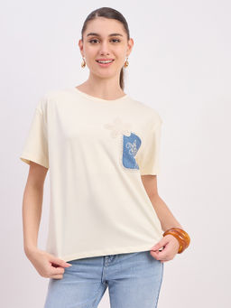 Madame - Womens Cotton Embroidered Beige T-Shirt