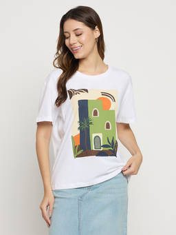 Madame - Womens Cotton Graphic White T-Shirt