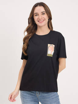 Madame - Womens Cotton Printed Black T-Shirt