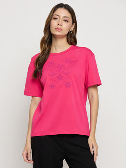 Madame - Womens Cotton Embroidered Hot Pink T-Shirt