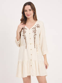 Madame - Womens Rayon Embroidered Beige Dress with Belt