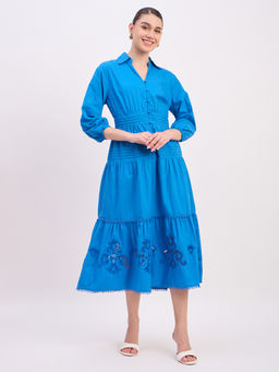 Madame - Womens Cotton Embroidered Blue Dress
