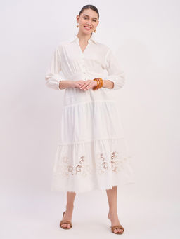 Madame - Womens Cotton Embroidered Off White Dress