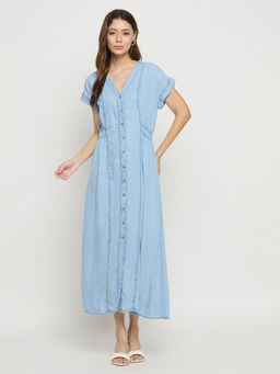Madame - Womens Tencel Solid Blue Dress