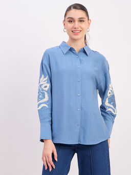 Madame - Womens Rayon Embroidered Sky Blue Shirt