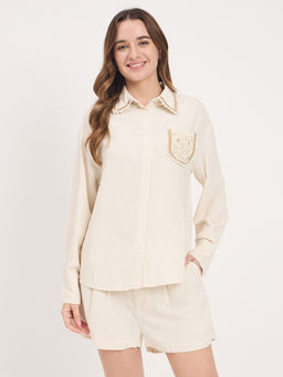 Madame - Womens Rayon Embroidered Off White Shirt