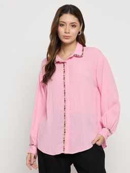 Madame - Womens Rayon Embellished/Sequined Pink Shirt