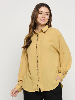 Madame - Womens Rayon Embellished/Sequined Yellow Shirt
