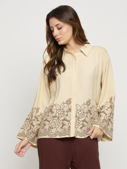 Madame - Womens Rayon Embroidered Beige Shirt