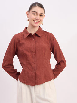 Madame - Womens Cotton Embroidered Brown Shirt