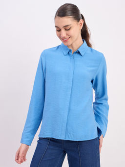 Madame - Womens Rayon Textured Blue Shirt