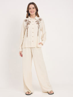 Madame - Womens Rayon Embroidered Beige Shirt