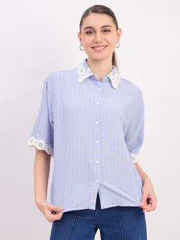 Madame - Womens Polyester Stripes Sky Blue Shirt