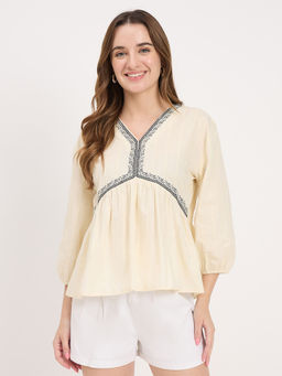 Madame - Womens Cotton Embroidered Off White Top