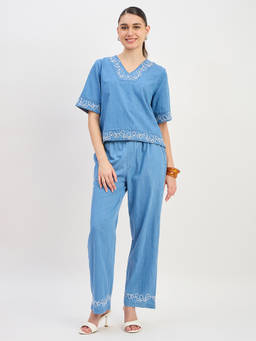 Madame - Womens Cotton Embroidered Blue Co-Ord Set