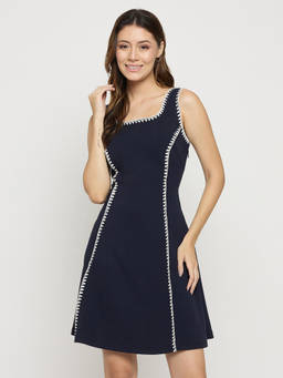 Madame - Womens Polyester Embroidered Navy Blue Dress