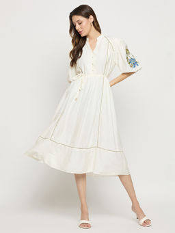Madame - Womens Viscose Floral Off White Dress with Belt