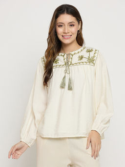 Madame - Womens Viscose Embroidered Off White Top