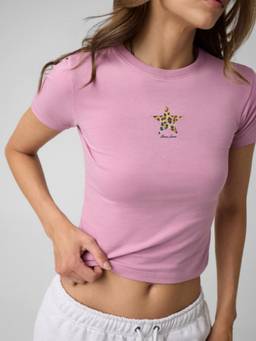 Guess - Womens Cotton Solid Pink Crop T-Shirt