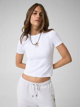 Guess - Womens Cotton Solid White Crop T-Shirt