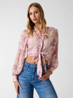 Guess - Womens Polyester Printed Pink Crop Top