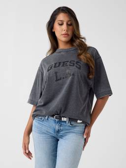 Guess - Womens Polyester Blend Embellished/Sequined Charcoal T-Shirt