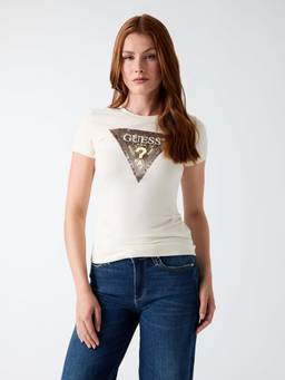 Guess - Womens Cotton Blend Graphic Cream T-Shirt
