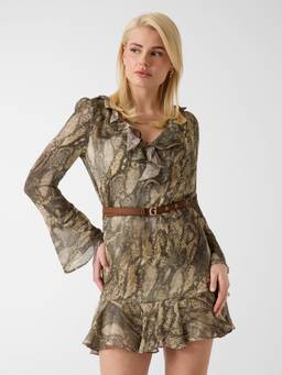 Guess - Womens Polyester Animal Print Olive Dress with Belt