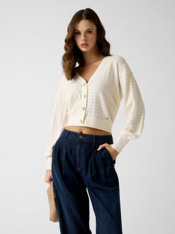 Guess - Womens Viscose Blend Self Design Cream Cardigan