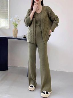 MISS MOSA BY AKANKSHA - Olive Knitted Full Sleeves Co-Ord Set