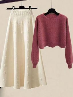 MISS MOSA BY AKANKSHA - Burgundy Wool Blend Full Sleeves Sweater with Skirt