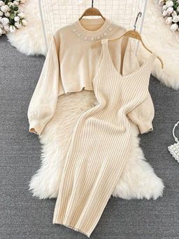 MISS MOSA BY AKANKSHA - Beige Knitted Full Sleeves Dress with Sweater