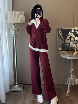 MISS MOSA BY AKANKSHA - Wine Knitted Full Sleeves Co-Ord Set