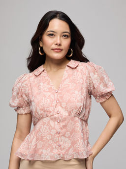 Twenty Dresses by Nykaa Fashion - Peach Floral Chiffon Collared Puff Sleeves Peplum Top