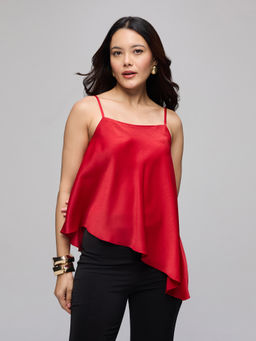 Twenty Dresses by Nykaa Fashion - Red Satin Strappy Asymmetrical Hem Flowy Top