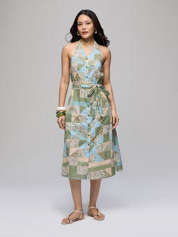 Twenty Dresses by Nykaa Fashion - Green Cambric Floral Button Down Midi Dress with Belt